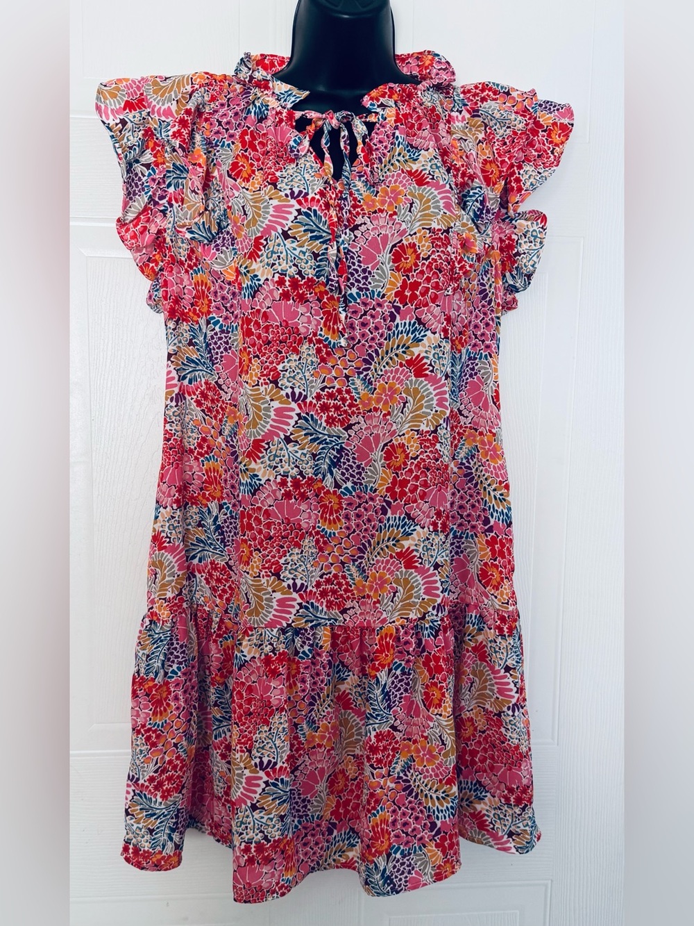 Dokotoo Women's Dress Multicolor Floral Ruffle Sleeves Tiered Pockets Tie at Nec